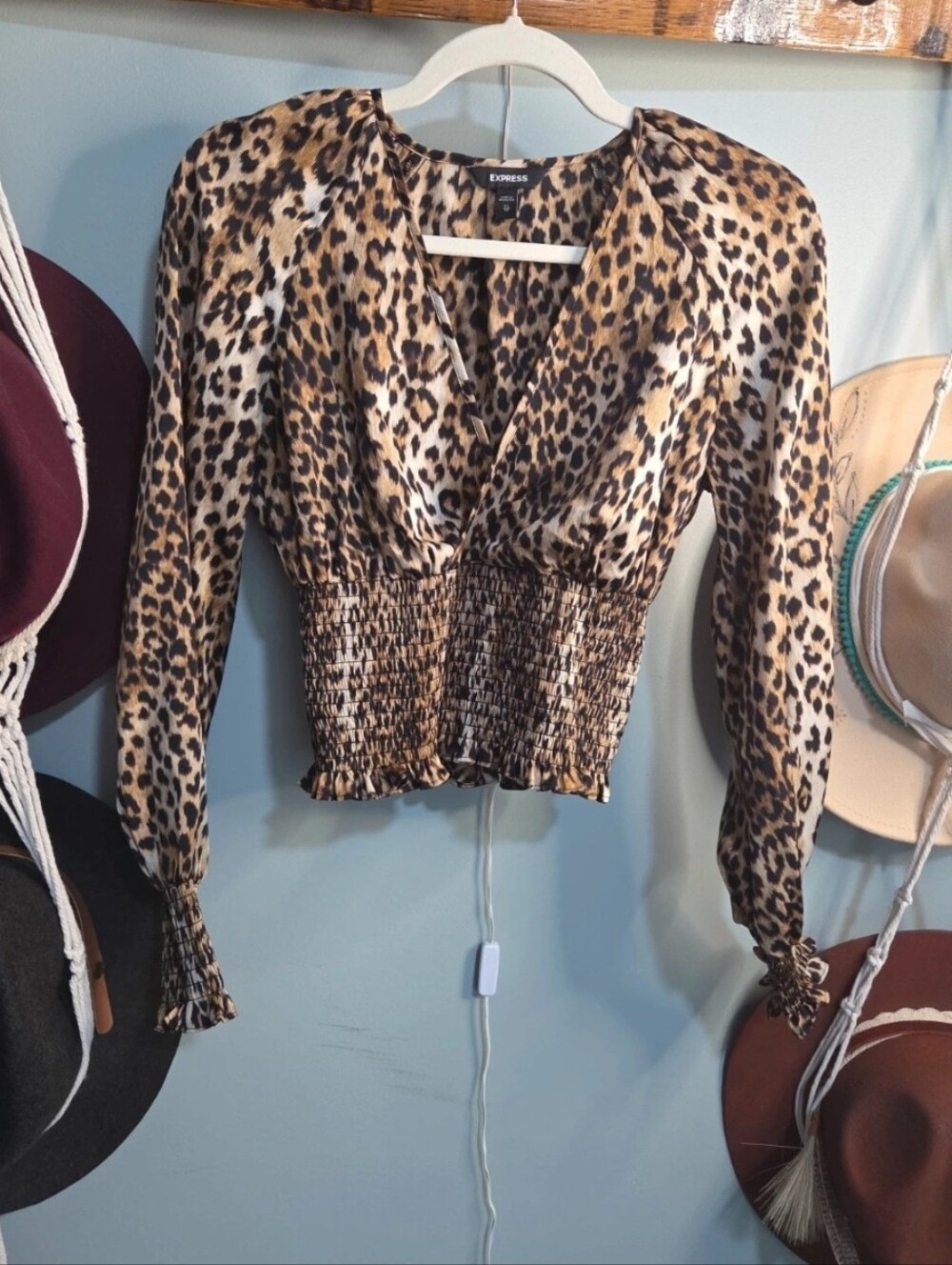 Express Leopard Print Long-Sleeve Smocked Waist Top